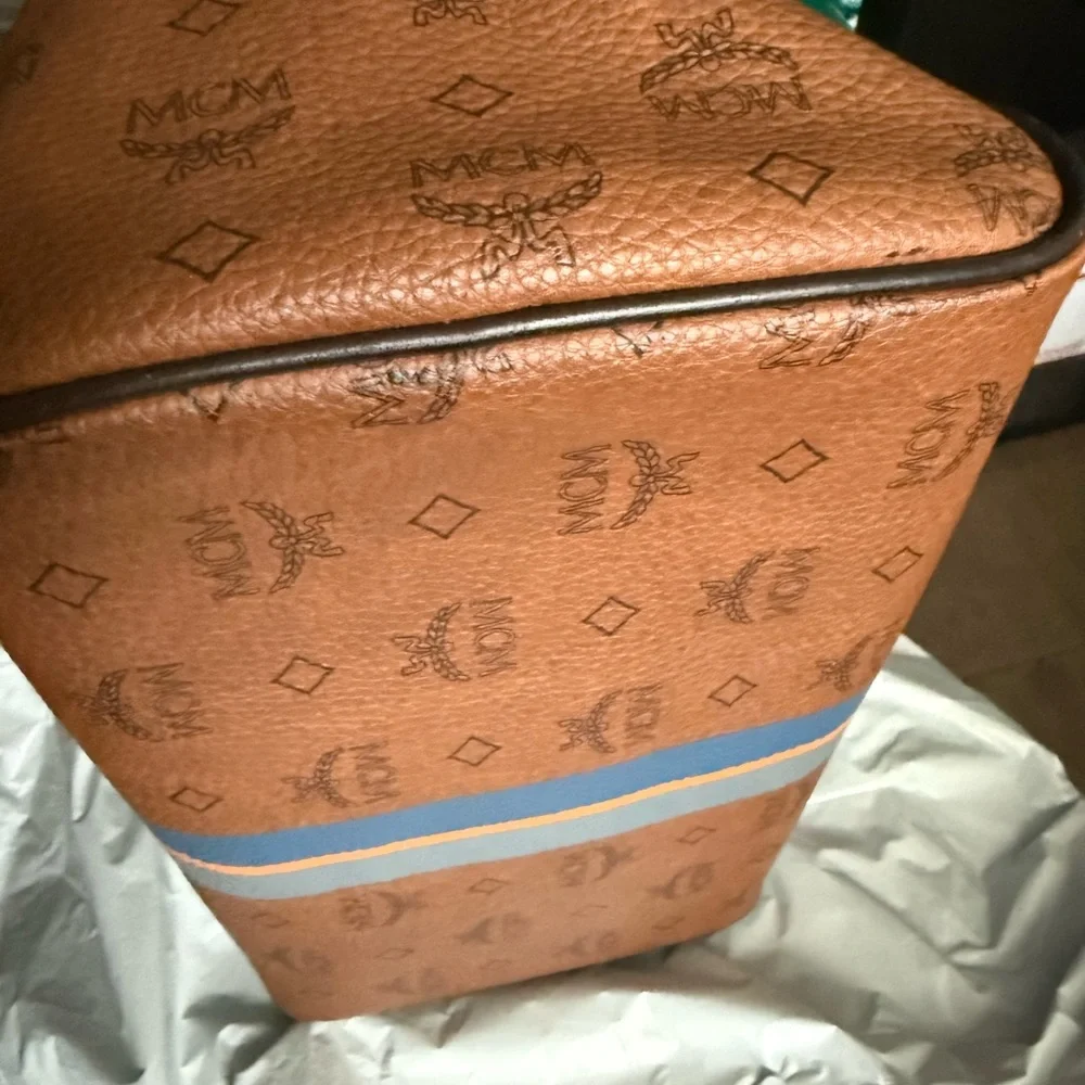 MCM Brown Coated Canvas Satchel with Blue and Orange Stripe
